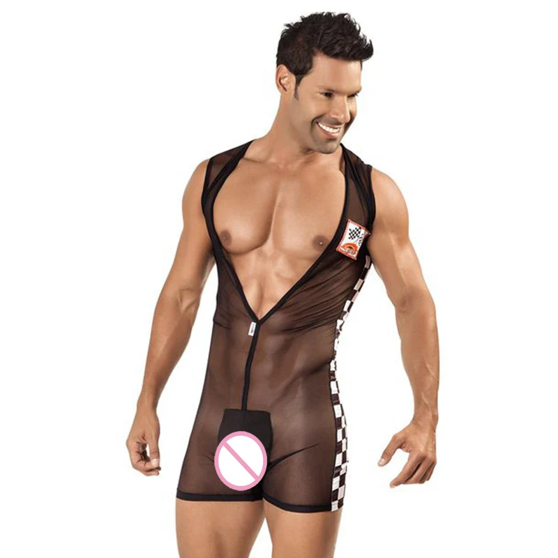 Новинка сексуальное Мужское боди прозрачный сетчатый комбинезон черное с