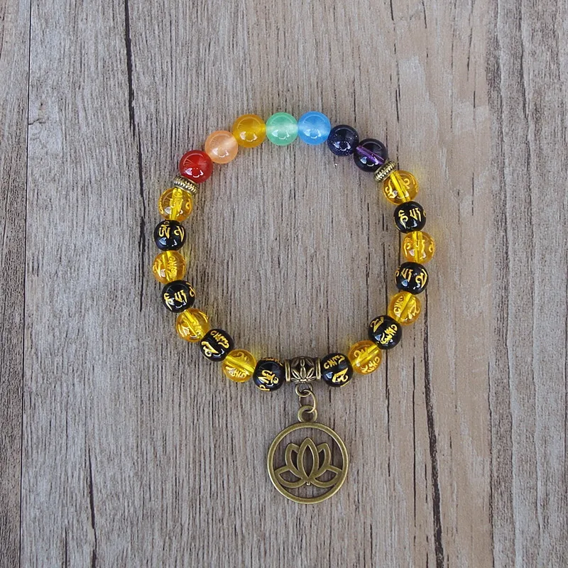 Женский и мужской браслет из семи чакр буддизм Ом Мани Падме ГУМ бусы Лотос
