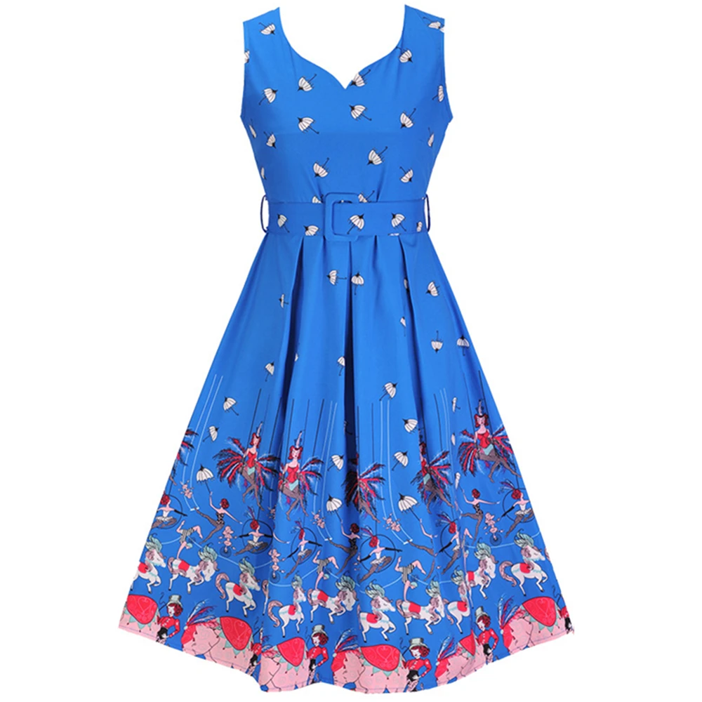 2017 Vintage Dress Women Summer Fashionable Dancer Umbrella Print 1950s Rockabilly Hepburn A Line Big Swing Party Tunic | Женская одежда