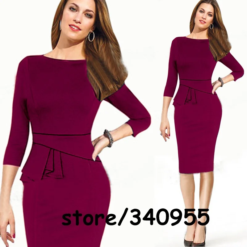 Wine red Женские платья, новинка, модные, брендовые,, элегантные, миди, с круглым вырезом, с рукавом 3/4, вечерние платья-карандаш, Размеры s m l xl XXL - Цвет: Wine red