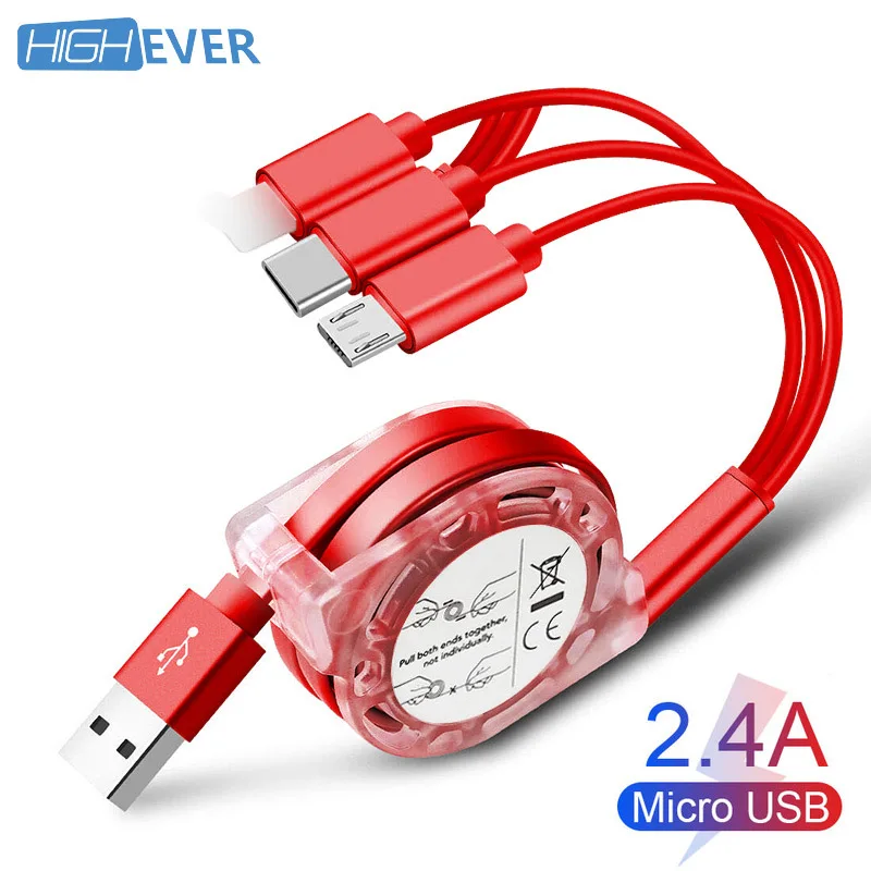 Highever Выдвижной 3 в 1 2.4A Быстрый зарядный кабель с разъемом Micro USB TYPE-C для samsung huawei