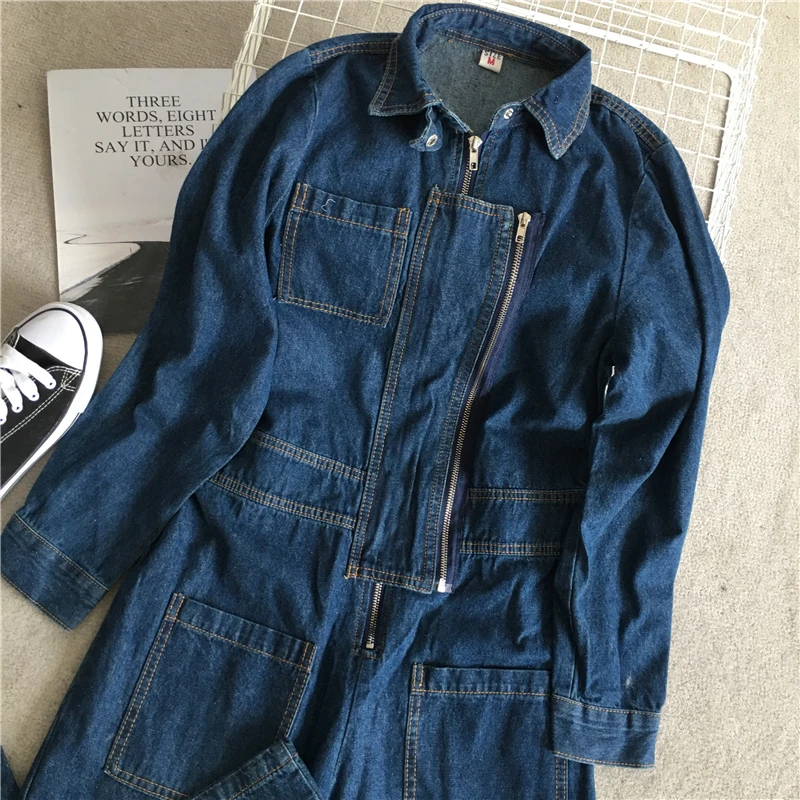 

2019 Women Lapel Collar Large Size Pocket Long Wide Leg Trouser Spring Fashion Casual Denim Jumpsuits Q04
