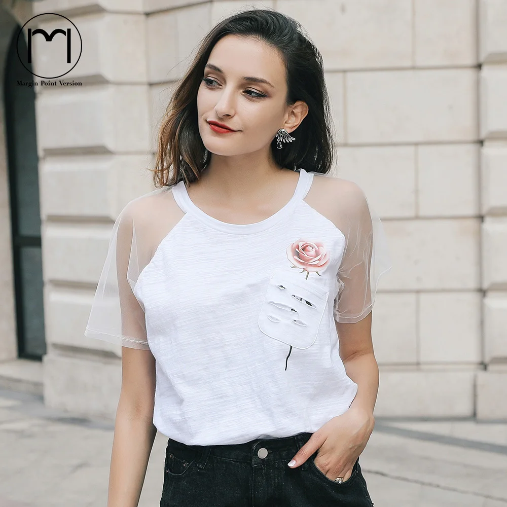 Маржа белая футболка Для женщин Лето Забавный хлопковая Футболка Femme сетчатый