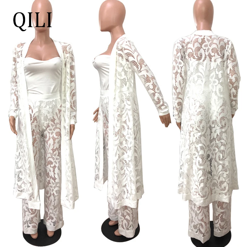 QILI, женские кружевные комбинезоны с длинным рукавом, белые, черные, красные, широкие штаны, комплект из 3 предметов, сексуальный кружевной комбинезон, наряды размера плюс