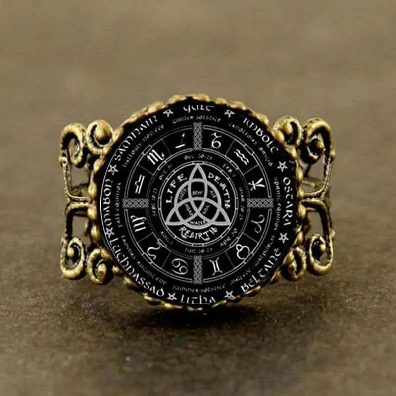 

2017 New Pagan Wheel Of The Year Pentagram Ring Round Photo Wiccan Jewelry Glass Cabochon Link