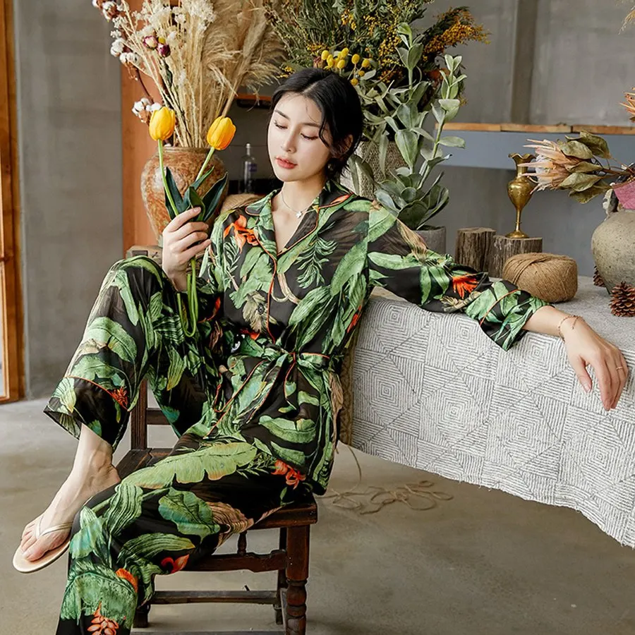 Printed Leaf Pajama Set Green Silk Stain Pijama Set Pants Set Lingerie Kimono Underwear Pyjamas Women Pajamas Sexy Lingerie