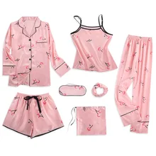 Band Nachtkleding Pyjama Vrouwen 7 Stuks Roze Pyjama Sets Satijn Zijde Lingerie Homewear Nachtkleding Pyjama Set Pijamas Voor Vrouw