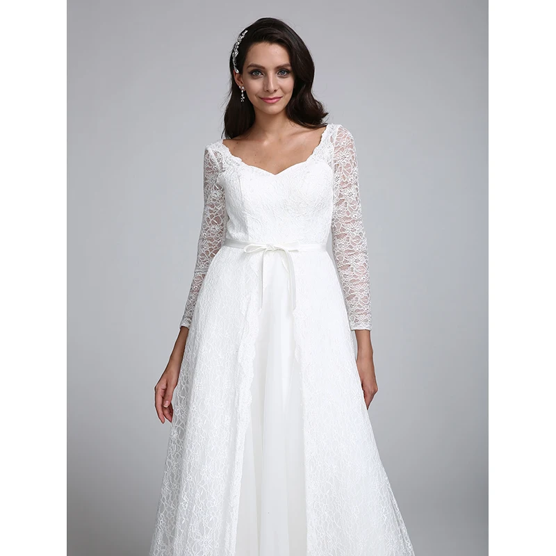 LAN TING BRIDE А-силуэт v-образный вырез свадебное платье со шлейфом средней длины
