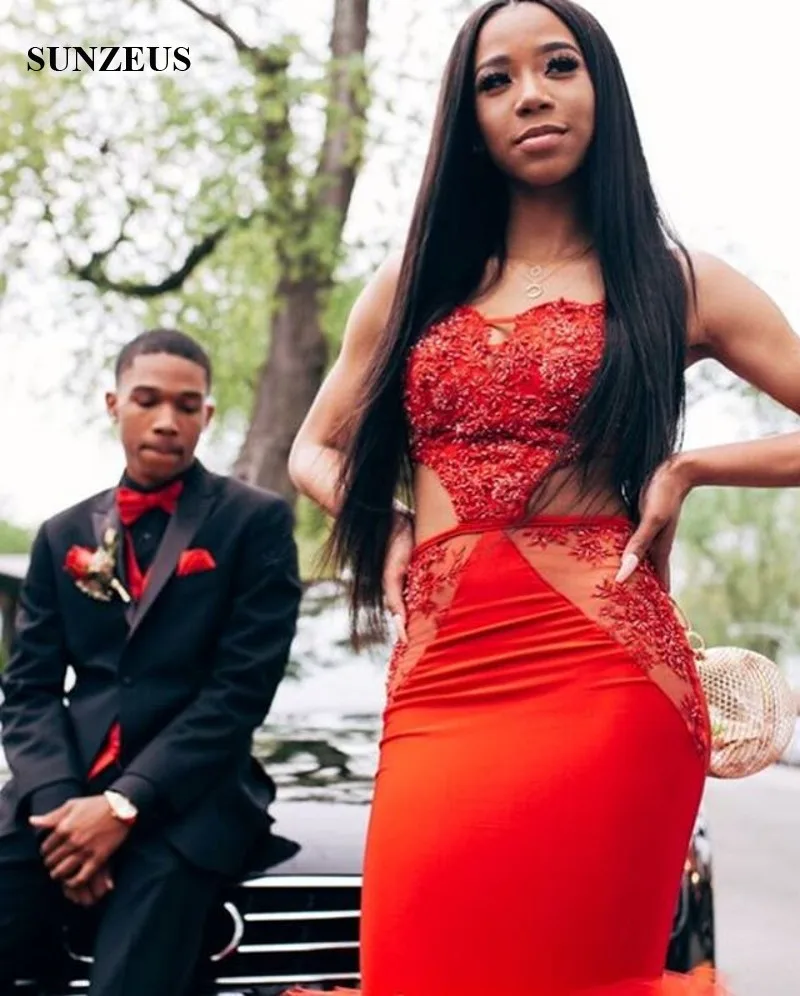 Mermaid Sweetheart Spaghetti Straps Prom Dress Sweep Train Ruffles Tulle Skirt Long Red Party Gowns Sexy Beaded Appliques Dress