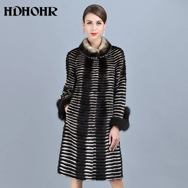 HDHOHR, высокое качество, Женские Вязаные норковые шубы, Лисий мех, рукав, модные толстые натуральные норковые куртки, зимние теплые меховые парки - Color: Brown