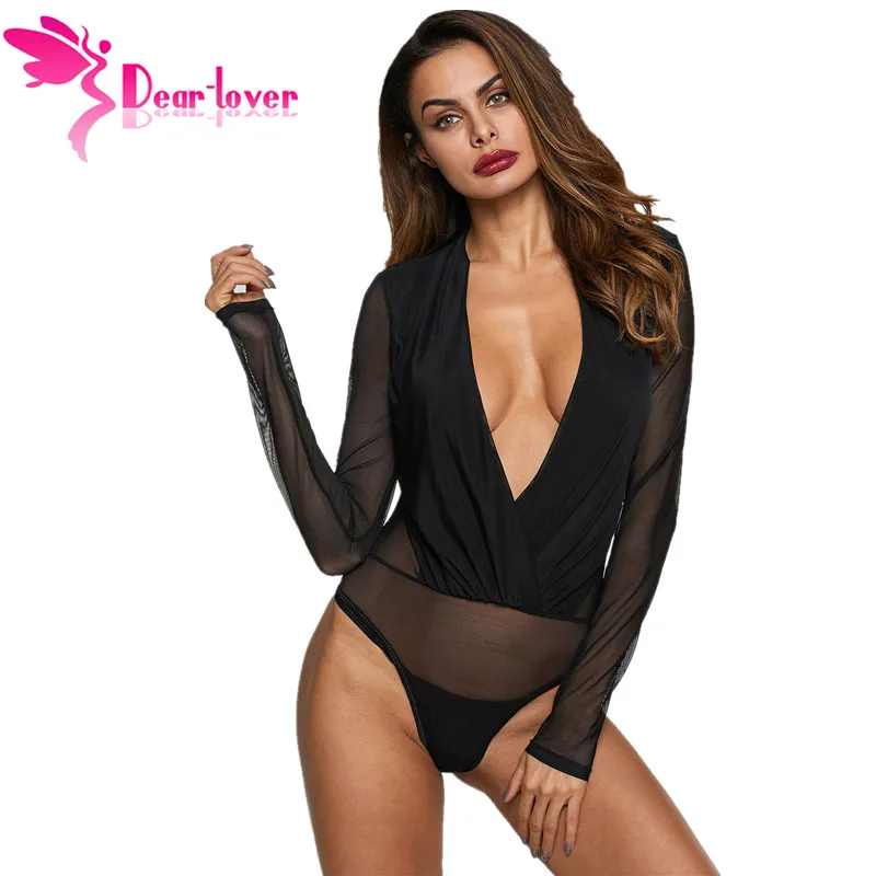 Dear Lover Тощий боди осень черный Sheer с длинным рукавом V образным вырезом комбинезон