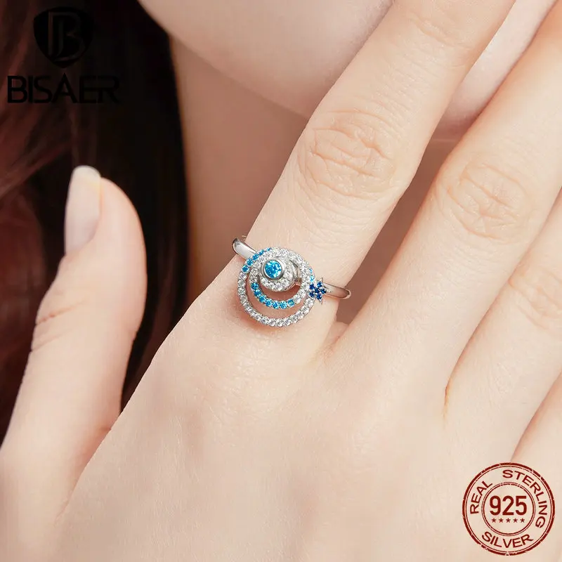 Bisaer, 925 пробы, серебряная вращающаяся звезда, ослепительная, CZ, кольца на палец для женщин, Роскошные, свадебные, Обручальные, ювелирные изделия, S925, подарок, GAR035