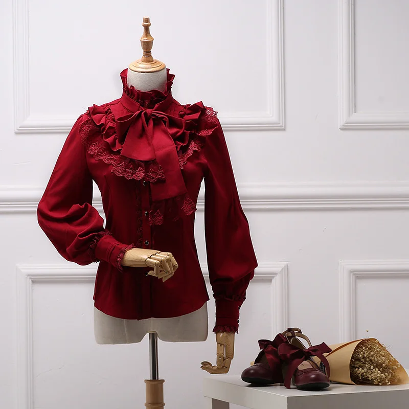 Lolita Chiffon Ruffle Blouse Stand Collar Long Sleeve Vintage Women's Shirt Elegant Blusas Female Gothic 2019 |