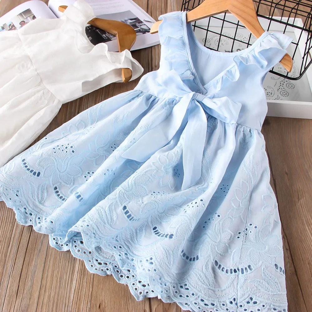 Hurave baby Girl ruffles drawstring bow clothes Children embroidery sleeveless dresses Kids Clothes crew neck dress | Детская одежда и