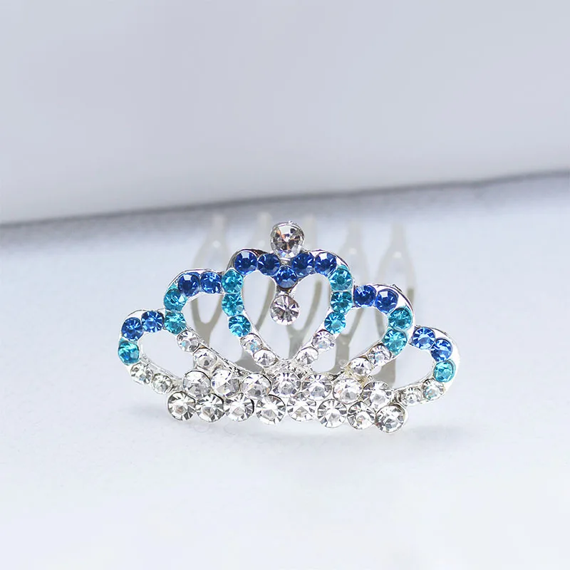 blue Красочные Rhinestone металла мини-Корона гребни для модная одежда для девочек с цветочным узором для девочек вечерние Тиара для волос аксессуары для волос - Окраска металла: blue
