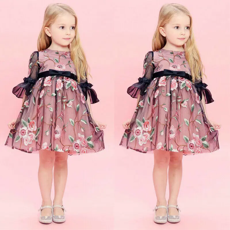 2019 New Toddler Kids Baby Girls Floral Chiffon Five-Point Sleeve Embroidered Princess Party Lace Tutu Dresses | Детская одежда и