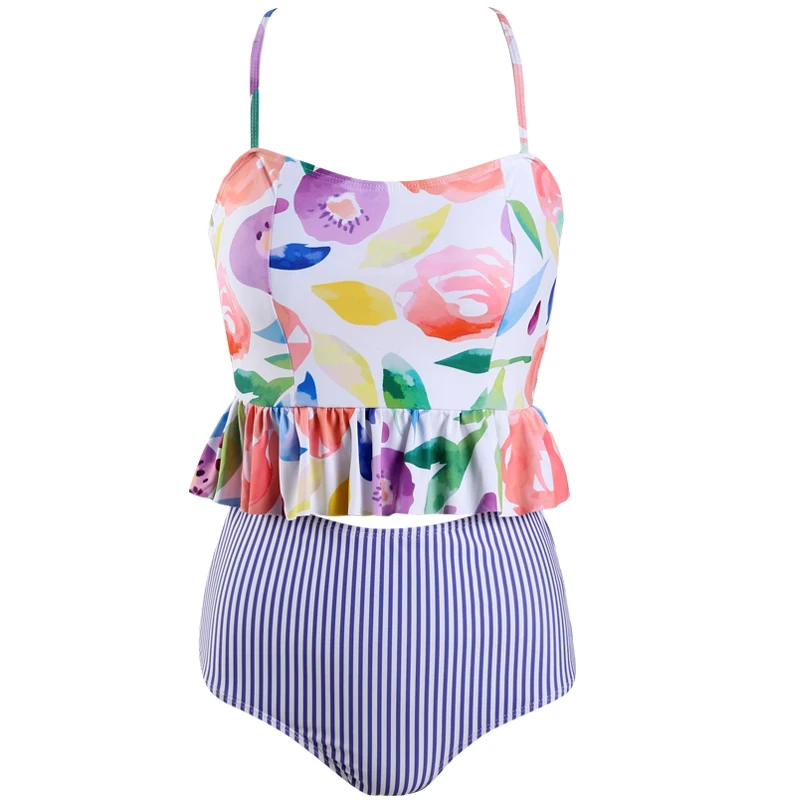 Flower Purple stripe Милые купальники с цветочным принтом бикини купальный костюм для женщин Купальники Высокая талия ретро танкини купальный костюм Пляжная одежда - Цвет: Flower Purple stripe