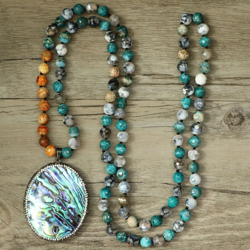 

EDOTHALIA Women Necklaces Oval Shell Crystal Pendants & Blue/Orange Onyx 108 Beads Boho Necklaces For Women Gift