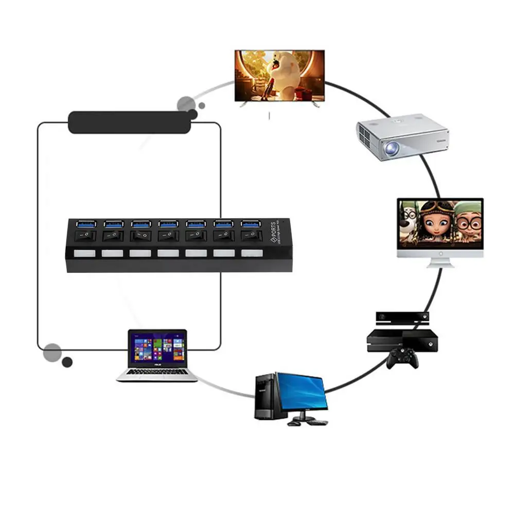 7 портовый концентратор USB 3 0 с переключателями ВКЛ./ВЫКЛ. + кабель адаптера