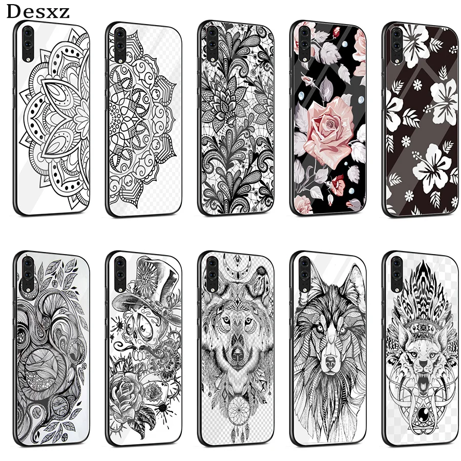 Encaje Floral Mandala Glass Case For Huawei P30 P10 P20 Pro P Smart Mate 10 20 Lite Y6 Y9 Honor 7A 8X 9 Cover | Мобильные телефоны