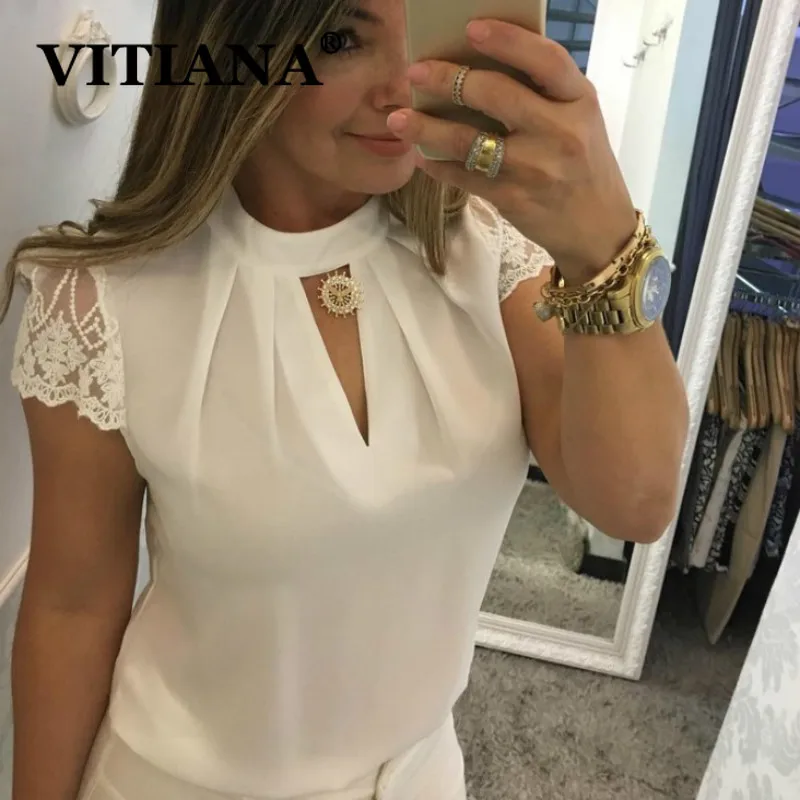 VITIANA, Женская официальная блузка, летняя, женская, короткий рукав, Холтер, одноцветная, черная, белая, тонкая, сексуальная, блузки, для девушек, офисная, рабочая одежда