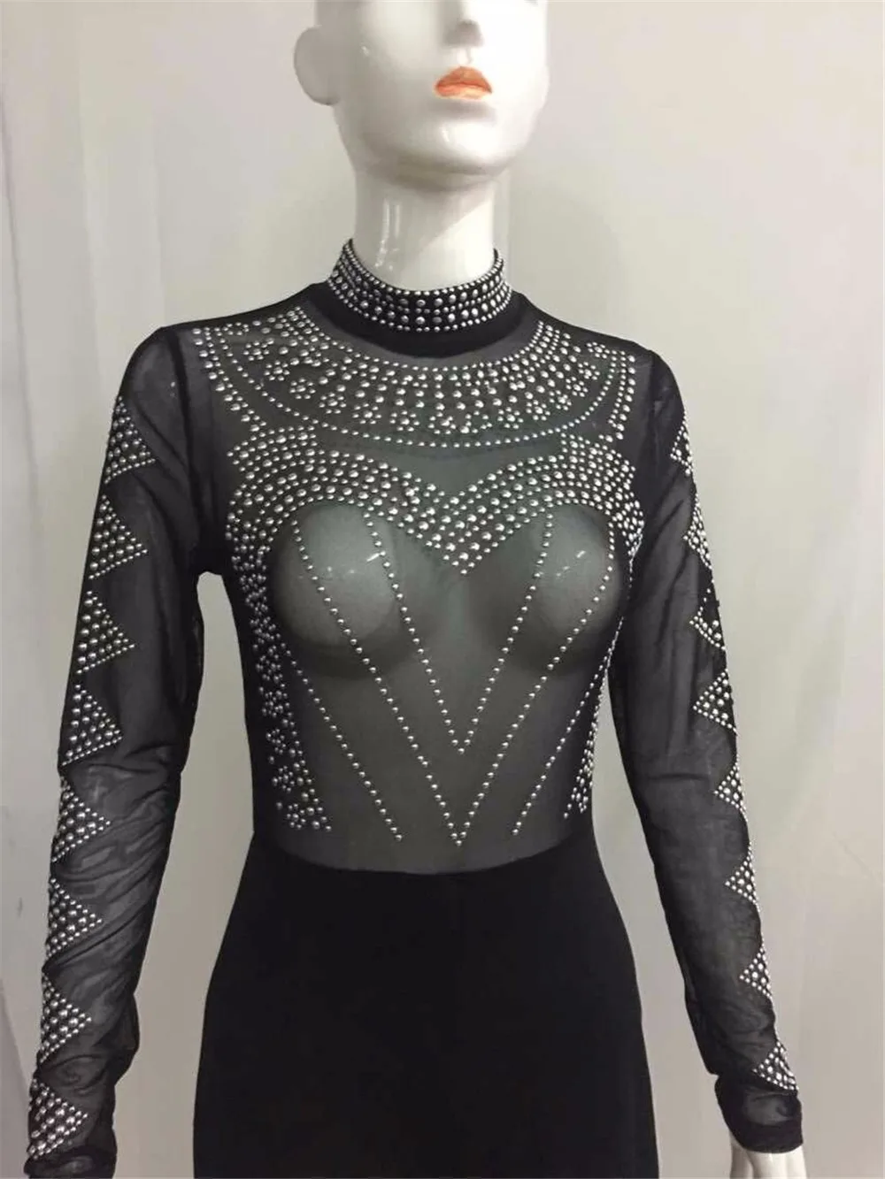 Черные Женщины Горный Хрусталь Смотреть Throuth Комбинезон Ногтей Бисера Mesh