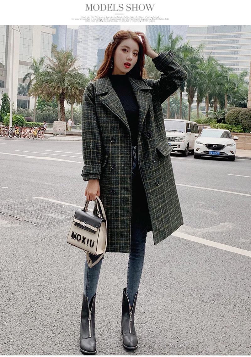 Zoki Loose Plaid Women Long Wool Blend Coat Fashion Winter Warm Jacket Elegant Double Breasted Autumn Fleece Outwear Plus Size