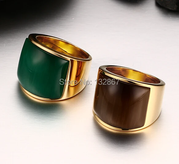 Fashion Brand New Women Men's Fine Party Gift Gold Stainless Steel Big Green &amp Coffee Color Stone Band Ring Jewelry Size 7-11# |