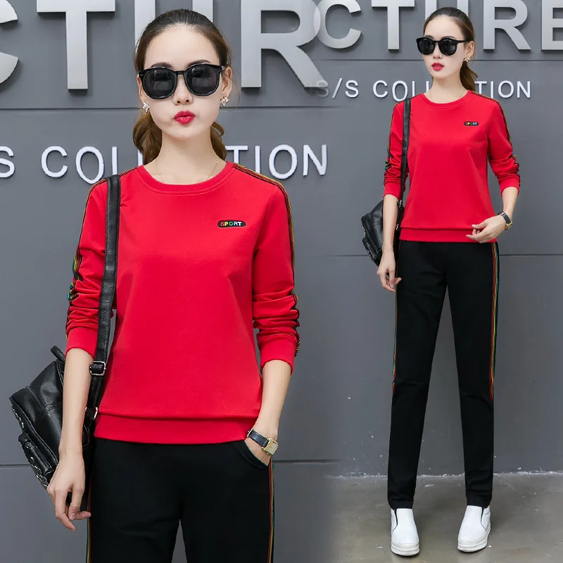 

a women casual suits spring and autumn new two-piece clothing set pullovers hoodies pants o neck stripe decor student outfit