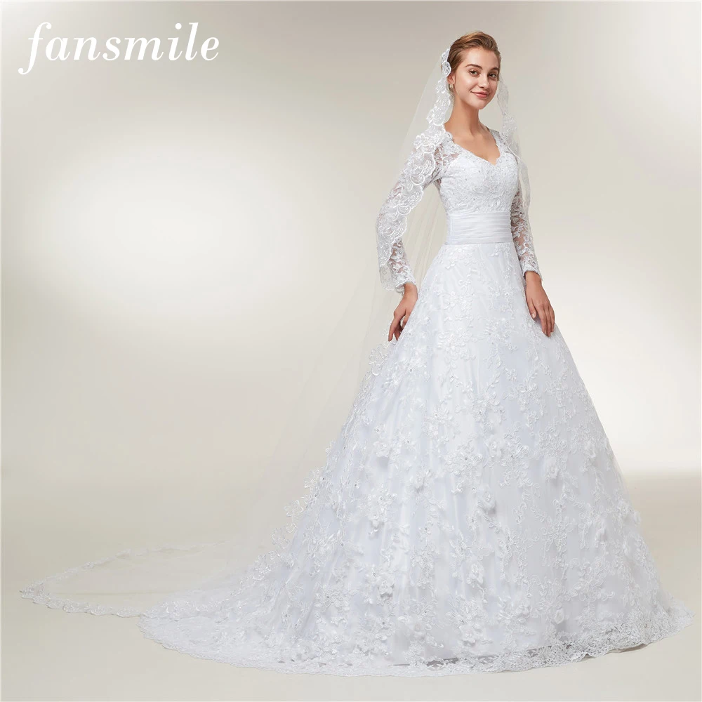Fansmile Длинные рукава Кружева Vestido De Noiva с вуалью Свадебные платья поезд на заказ размера плюс свадебные платья FSM-403T