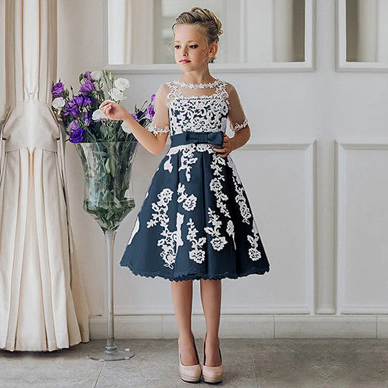 Navy blue Кружевные вечерние платья с коротким рукавом, длиной до колена, платье с цветочным узором для девочек, платья с круглым вырезом для первого причастия - Цвет: Navy blue