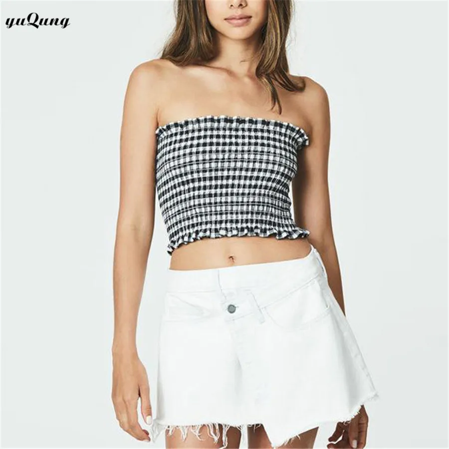 yuqung Women Plaid Bralette crop top off shoulder Strapless Wrap Boob Tube ruffle Bra Bustier Tank Tops tees camis Bandeau O14 | Женская