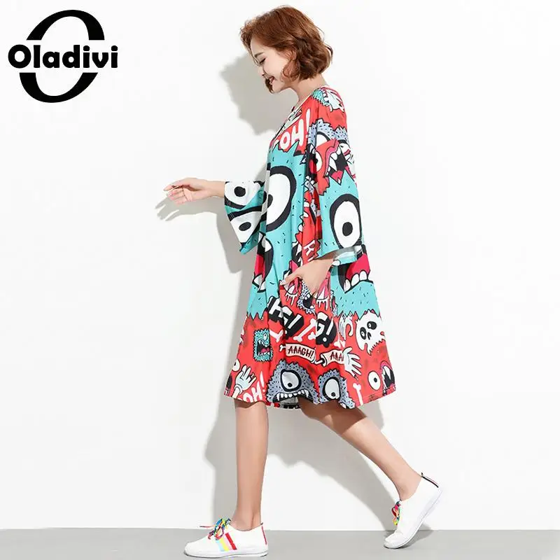 Oladivi/брендовая одежда с модным принтом, большие размеры d, женское Повседневное платье, женские свободные летние новые платья, Длинный топ, рубашка, туника