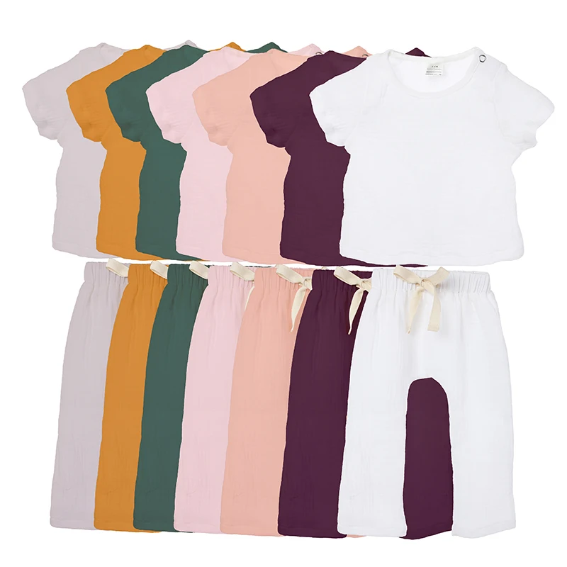 

Kaiya Angel Fashion Girl Clothing Sets Toddler Summer 100% Cotton Solid Outfits O-neck Short Sleeve Top with Waist Rope Trousers