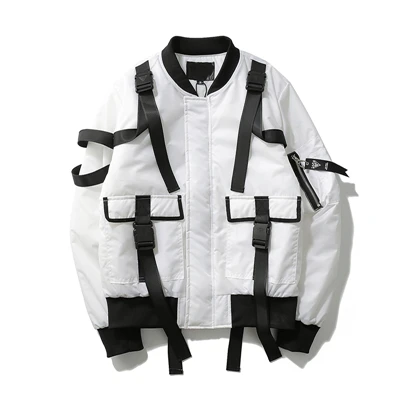 BX007 white Высококачественная Мужская осенне-зимняя Толстая теплая куртка-бомбер с несколькими карманами и лентами, уличная Мужская Повседневная парка больших размеров - Цвет: BX007 white