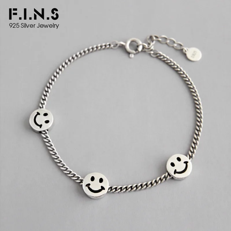F.I.N.S, очаровательный браслет, смайлик, 925 пробы, браслеты для женщин, Ретро стиль, звено цепи, браслет дружбы, женские серебряные ювелирные изделия