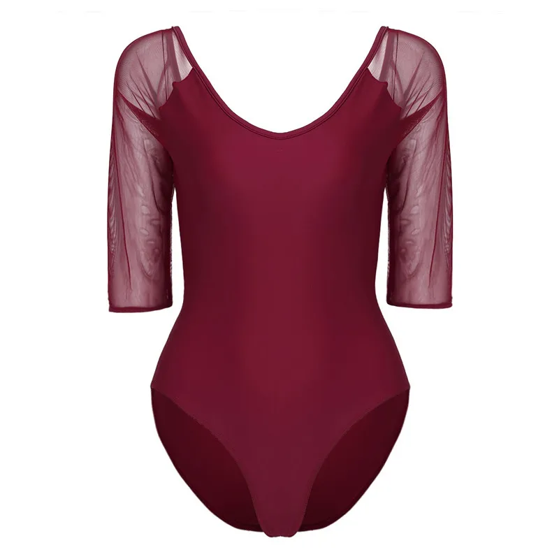 Wine Red Женский взрослый мягкий прозрачный сетчатый 3/4 рукав встроенный открытый бюстгальтер стрейчевая кофточка гимнастический балетный танцевальный купальник цельный - Цвет: Wine Red