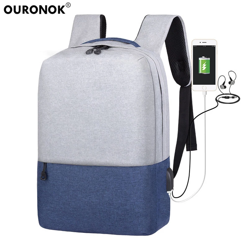 OURONOK 2018 New Student Bag Men's Leisure Oxford Cloth USB Earphone Port Backpack Shoulder 14 inch Laptop Fashion | Багаж и сумки