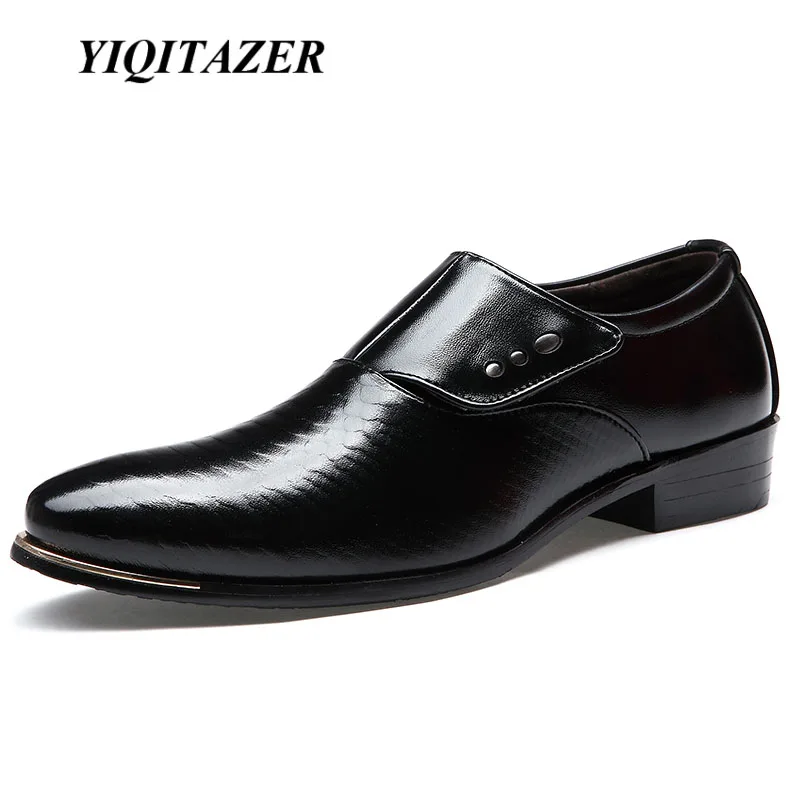 

YIQITAZER 2018 New Fashion Men Wedding Dress Shoes,Black Shoes Round Toe Business British Slipon Geniune Men's shoes