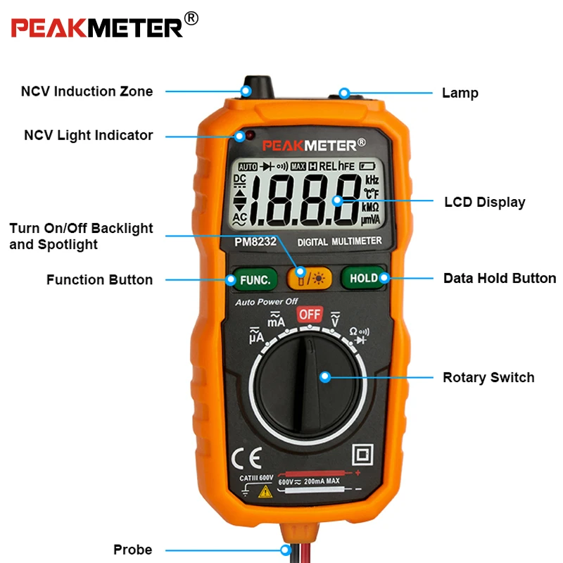 PEAKMETER PM8232 Бесконтактный Мини цифровой мультиметр DC AC тестер напряжения Амперметр