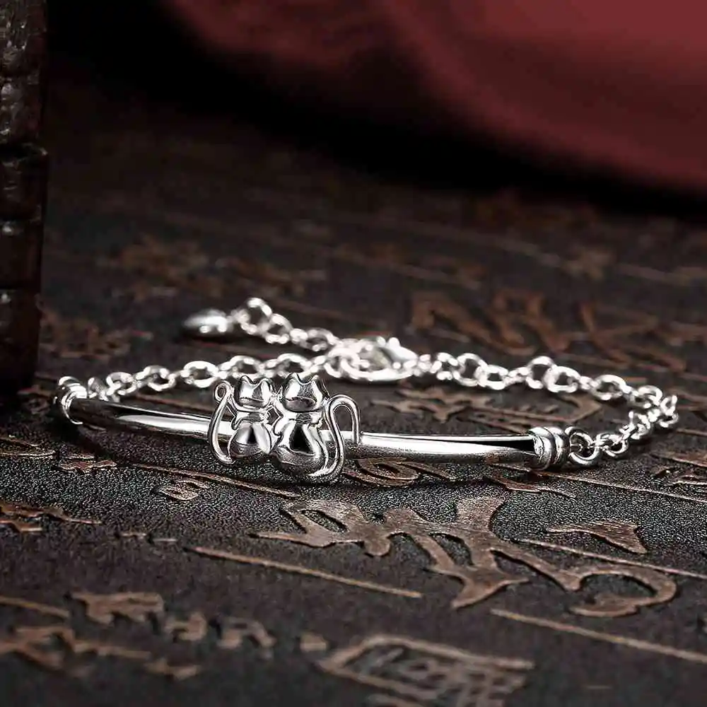 Хит продаж модный посеребренный двойной браслет с котом для мужчин и женщин