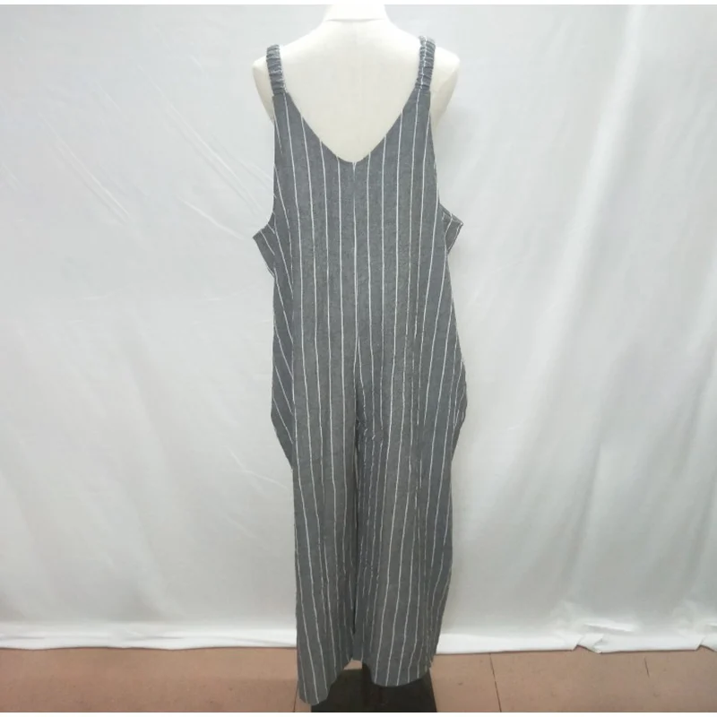 Oversized Women's Striped Cotton Loose Jumpsuit OL Work Wide Leg Sleeveless Romper Womens Plus Size Summer Casual Overalls