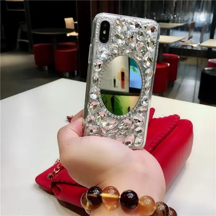 Креативные Rhinestone задняя крышка-чехол для телефона с зеркалом для макияжа для серебро iPhone легко надевается и снимается