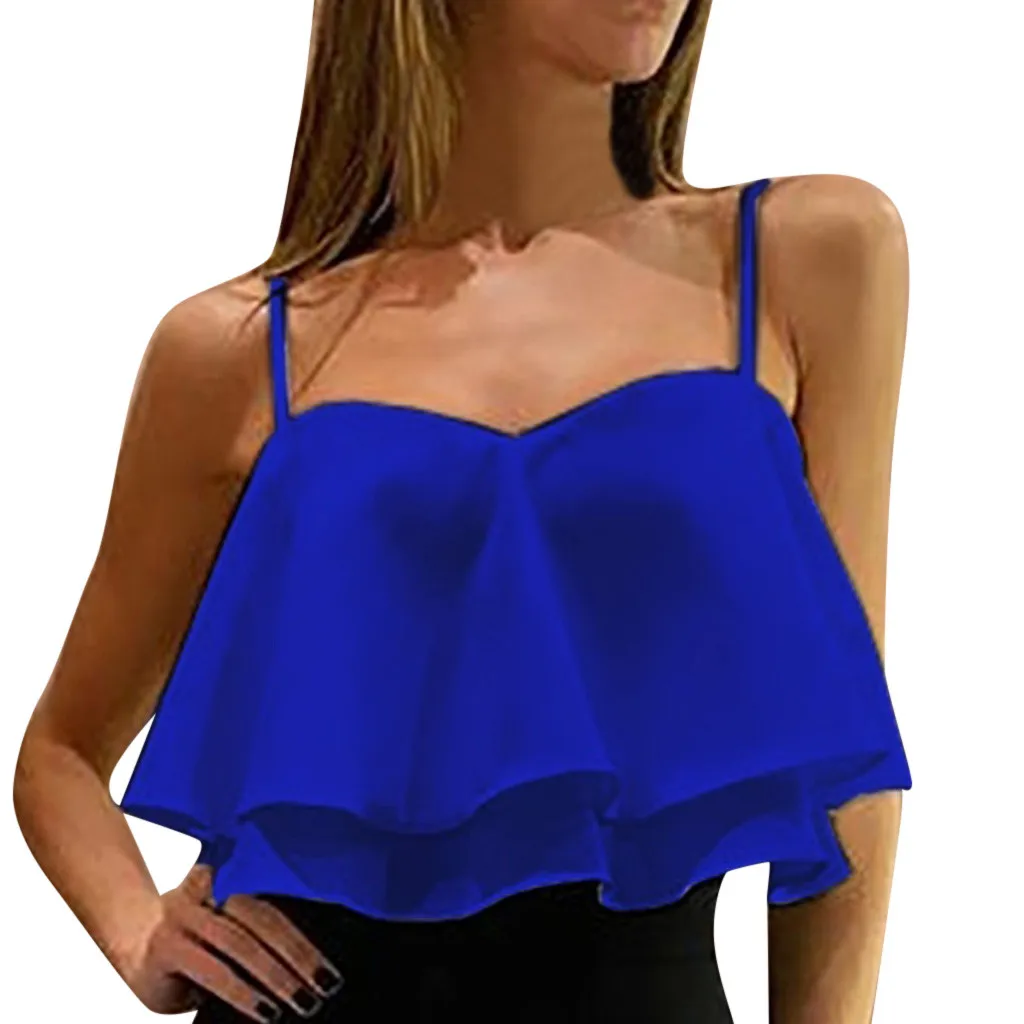 Blusas mujer de moda, женская блузка, рубашка, Женская Сексуальная плиссированная двухслойная шифоновая блузка без рукавов с оборками, туника