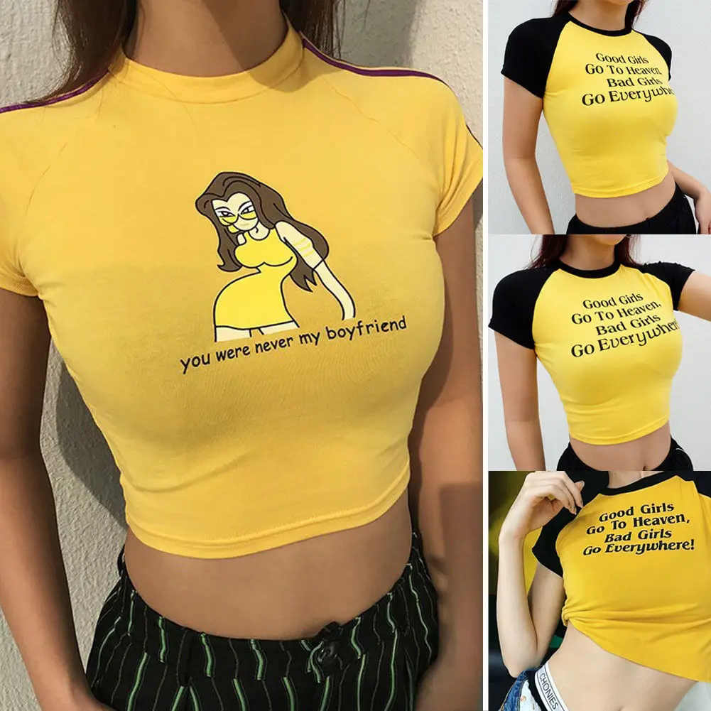 Fashion Summer Women Casual Yellow Top Ladies Slim Print Crop T-Shirt | Женская одежда