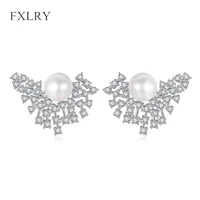 fxlry real natural pearls jewelry earrings elegant silver color women stud zircon earring high luster pearl white color