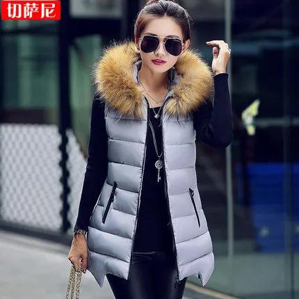 

Wadded jacket female 2017 vest hooded medium-long cotton-padded jacket fur collar outerwear