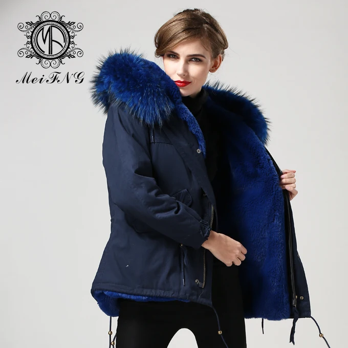 

Free shipping 2017 winter new design european style trench coat short dark blue faux fur military parka plus size coat