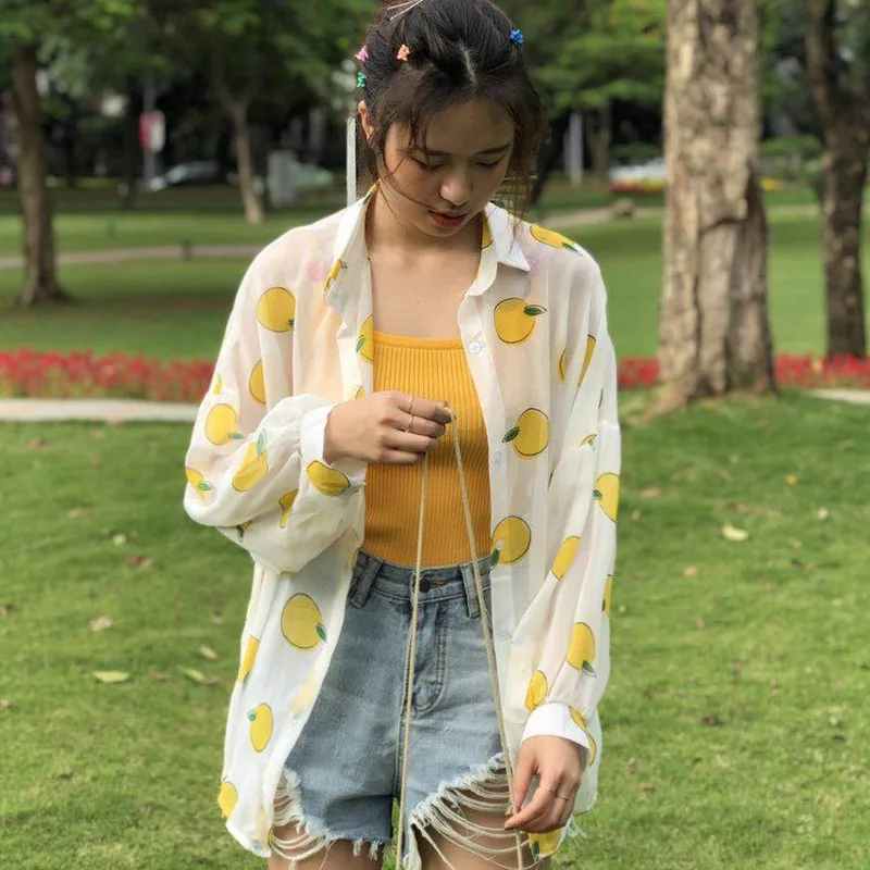 

Ladies Casual Long Sleeve Fruit Print Chiffon Shirt Women Turn-down Collar Outerwear Blouse Tops