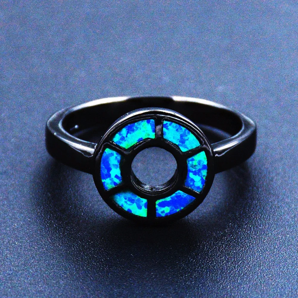 Новое прибытие океана синий огненный опал кольцо с черным родиевым покрытием|blue